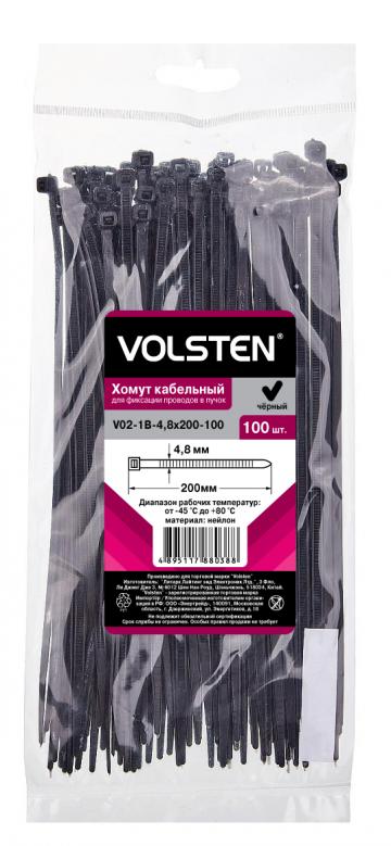 Хомут нейлоновый Volsten V02-1B-4,8x200-100, 4,8×200 мм, чёрный, 100 штук