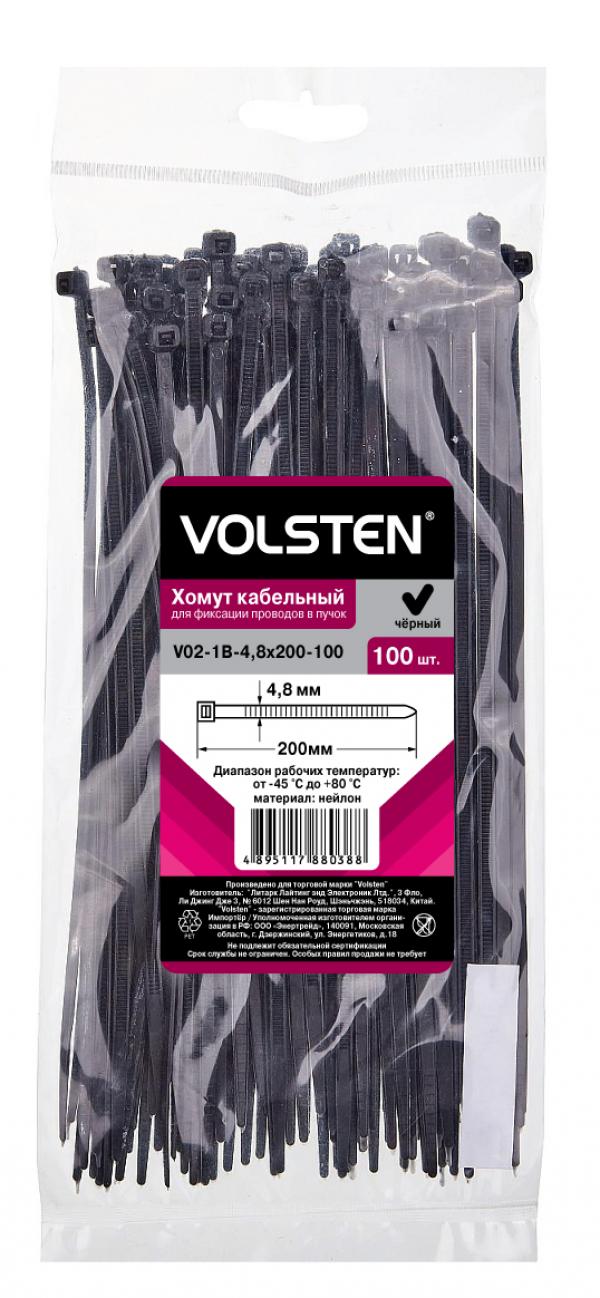 Хомут нейлоновый Volsten V02-1B-4,8x200-100, 4,8×200 мм, чёрный, 100 штук