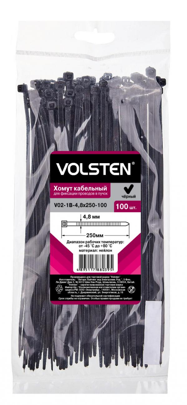 Хомут нейлоновый Volsten V02-1B-4,8x250-100, 4,8×250 мм, чёрный, 100 штук