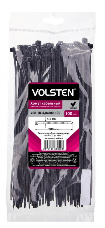 Хомут нейлоновый Volsten V02-1B-4,8x300-100, 4,8×300 мм, чёрный, 100 штук