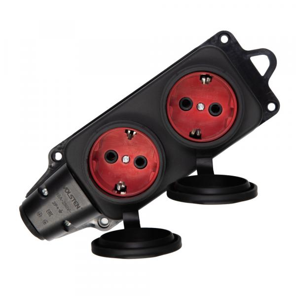 Колодка Volsten S1-M2Z Black штепс. с защит. крышкой каучук. 2-х местн. чёрн. с/з IP44