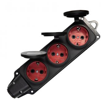 Колодка Volsten S1-M3Z Black штепс. с защит. крышкой каучук. 3-х мест. чёрн. с/з IP44