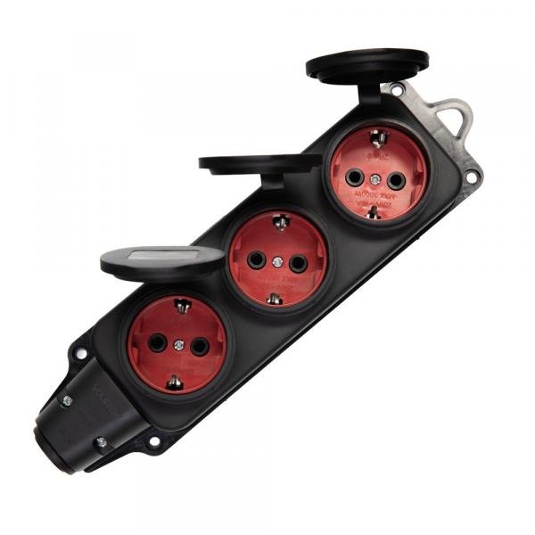 Колодка Volsten S1-M3Z Black штепс. с защит. крышкой каучук. 3-х мест. чёрн. с/з IP44