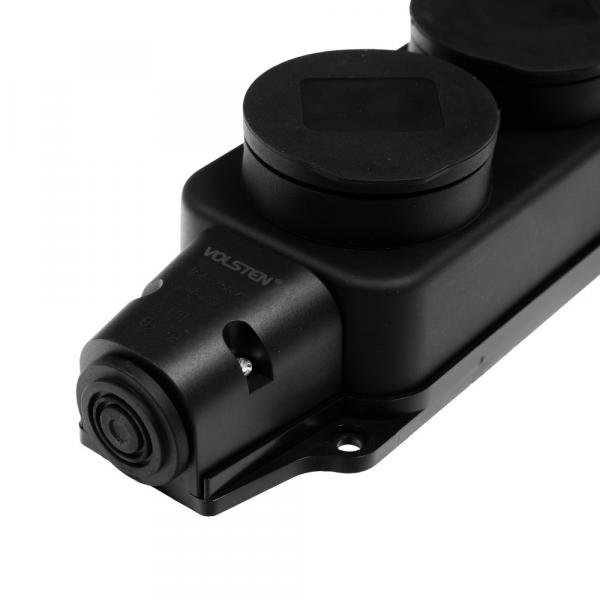Колодка Volsten S1-M3Z Black штепс. с защит. крышкой каучук. 3-х мест. чёрн. с/з IP44