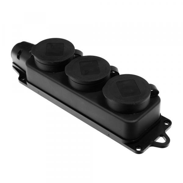 Колодка Volsten S1-M3Z Black штепс. с защит. крышкой каучук. 3-х мест. чёрн. с/з IP44