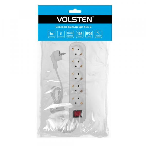 Фильтр сетевой Volsten SP1 5x5, 5 гн. 5 м, 10А, 2200 Вт, ПВС 3х0,75, варистр